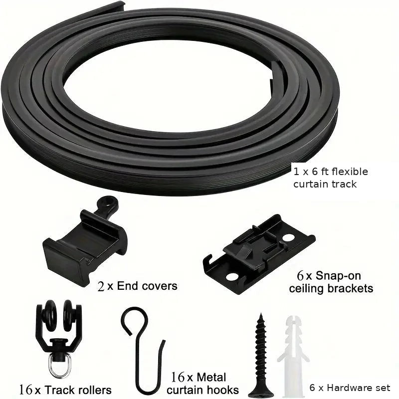 6 ft black flexible curtain track kit contents: track, 2 end covers, 6 snap-on brackets, 16 rollers, 16 metal hooks, 6 hardware sets