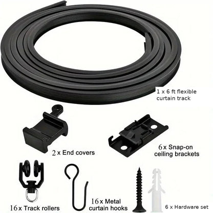 6 ft black flexible curtain track kit contents: track, 2 end covers, 6 snap-on brackets, 16 rollers, 16 metal hooks, 6 hardware sets