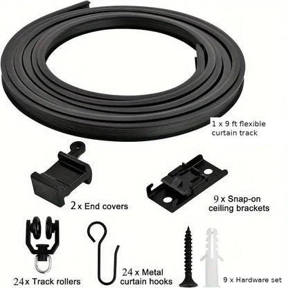 9 ft black flexible curtain track kit contents: track, 2 end covers, 9 snap-on brackets, 24 rollers, 24 metal hooks, 9 hardware sets