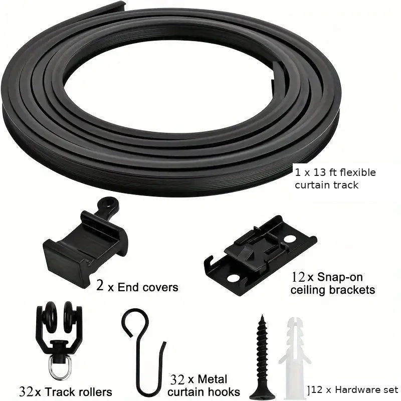 13 ft black flexible curtain track kit contents: track, 2 end covers, 12 snap-on brackets, 32 rollers, 32 metal hooks, 12 hardware sets
