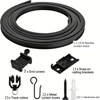 13 ft black flexible curtain track kit contents: track, 2 end covers, 12 snap-on brackets, 32 rollers, 32 metal hooks, 12 hardware sets