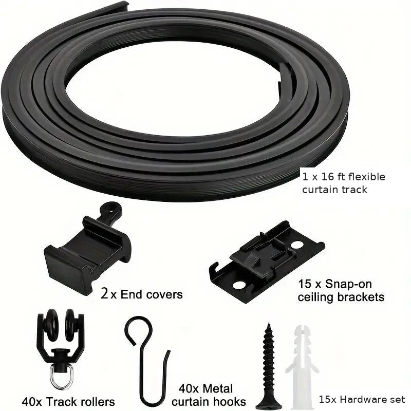 16 ft black flexible curtain track kit contents: track, 2 end covers, 15 snap-on brackets, 40 rollers, 40 metal hooks, 15 hardware sets