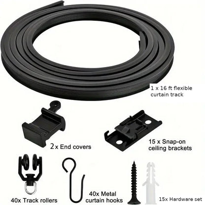 16 ft black flexible curtain track kit contents: track, 2 end covers, 15 snap-on brackets, 40 rollers, 40 metal hooks, 15 hardware sets
