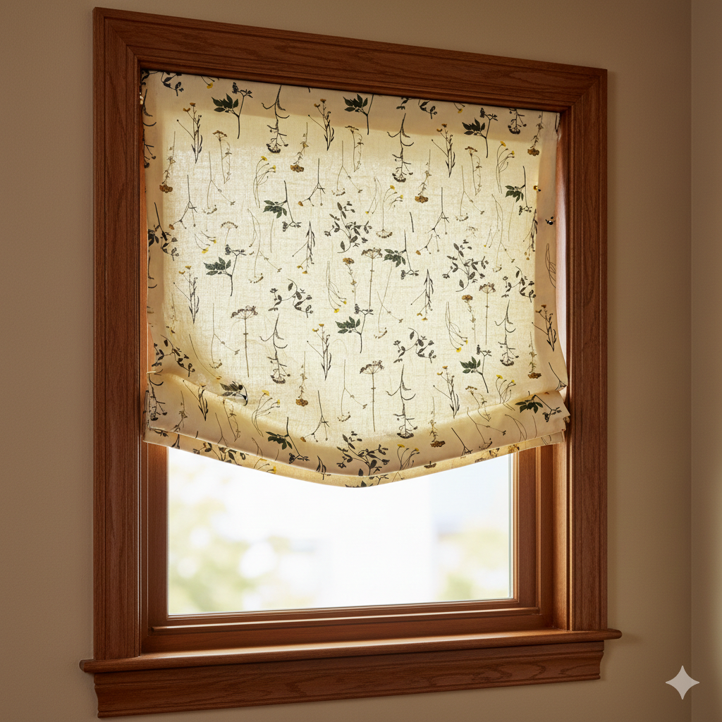 Window with floral patterned roman shade and wooden frame