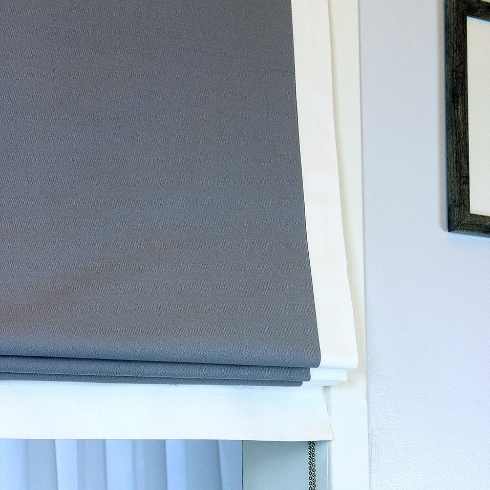 Gray 100% Natural Linen Flat Roman Shades with Banded White Trim/CL1010 - Classic & Modern Home