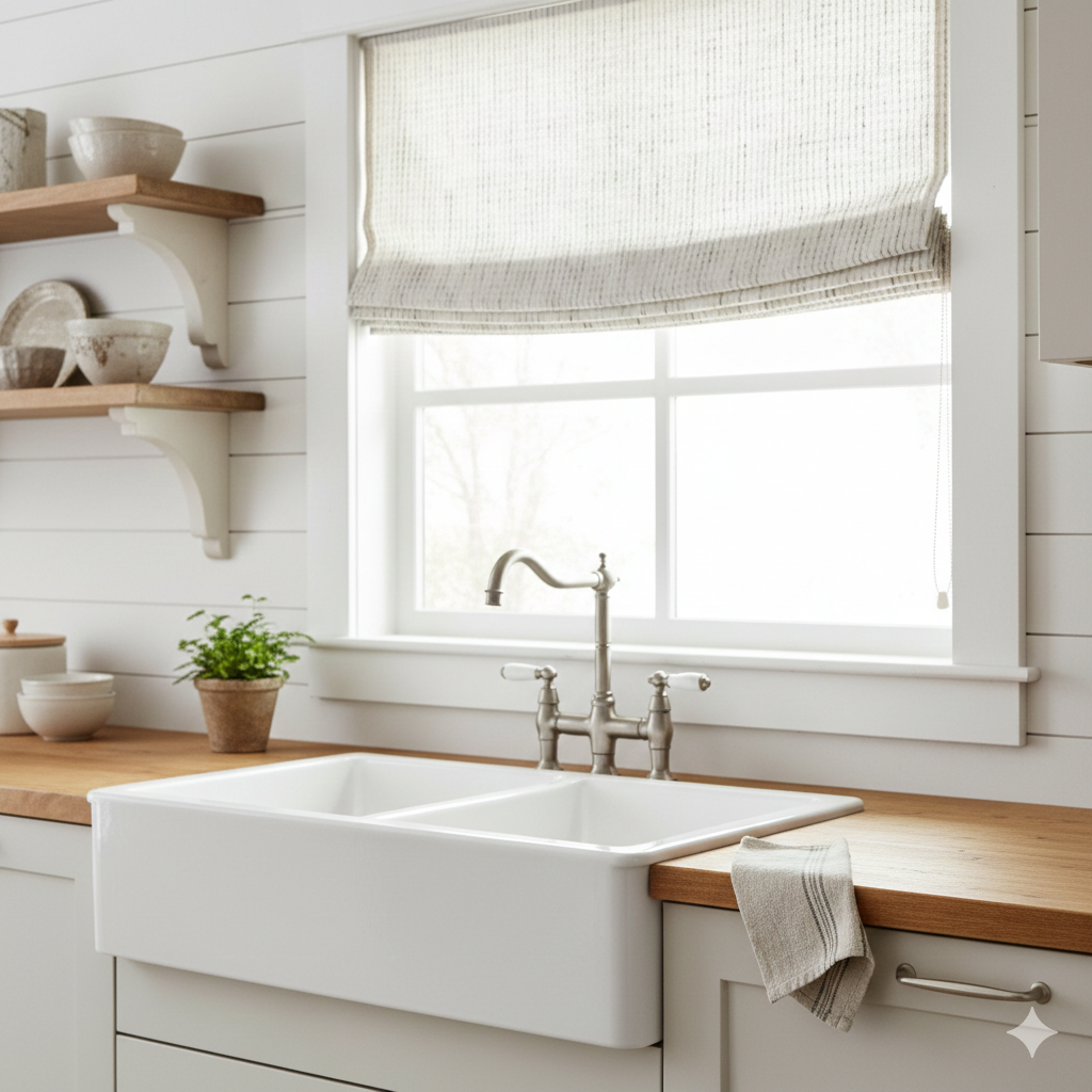 Modern kitchen with a white sink, wooden countertops, and a sheer linen roman shade.