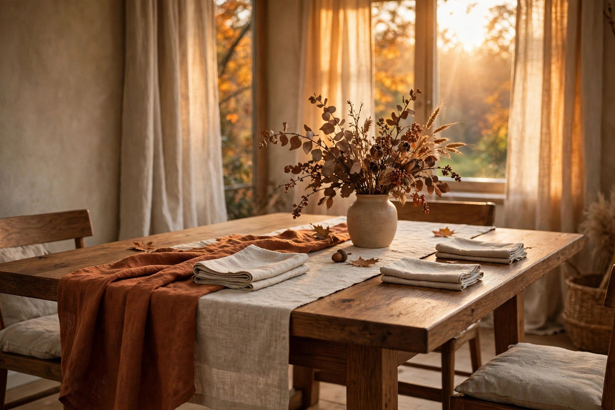 Fall dining table with natural linen runner and rust linen drape in golden window light