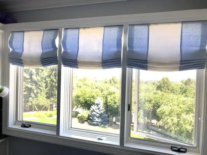 Blue & White Two-Tone Natural Linen Relaxed Roman Shade, CL1010