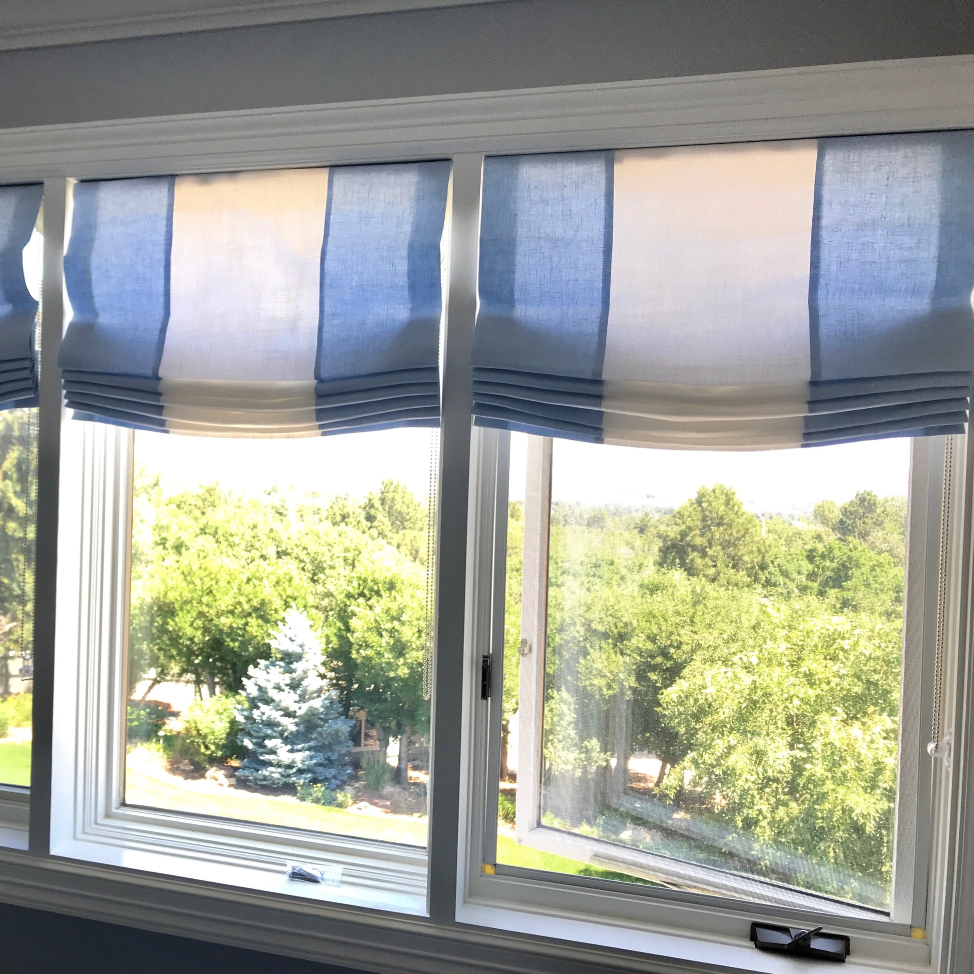 Blue & White Two-Tone Natural Linen Relaxed Roman Shade/CL1010 - Classic & Modern Home