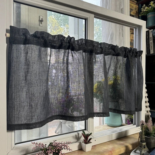 Dark grey 100% linen café curtain with rod pocket ruffle top on a kitchen window, CD1051