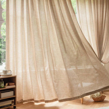 Beige linen-look sheer curtains billowing in a bright room, CD1052