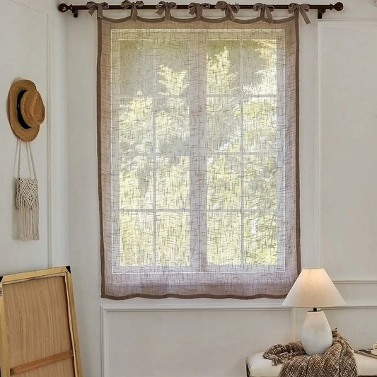 Brown linen-look sheer curtain with tie-top header hanging flat over a window, CD1050