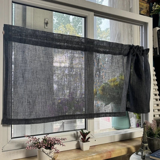 Dark grey linen short curtain filtering light over a wide window, CD1051