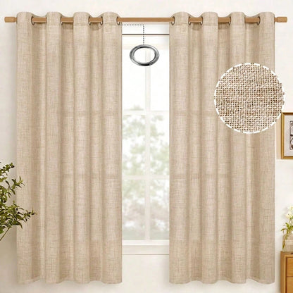 Beige linen-look sheer curtains with grommet top hanging on a wooden rod, CD1052