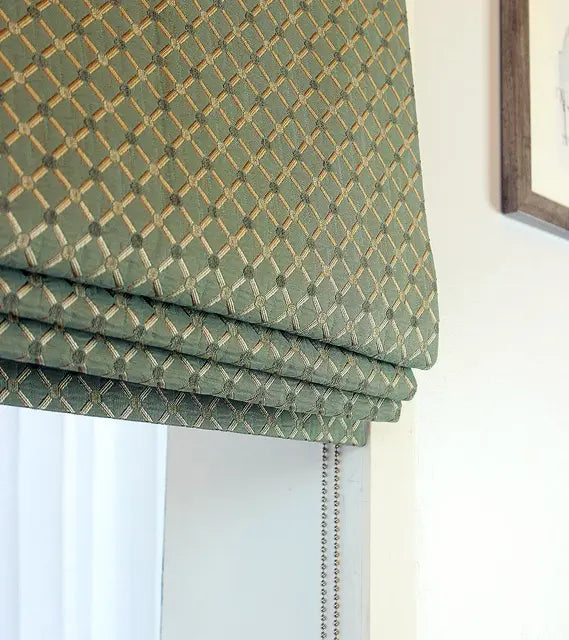 Green Beige Geometric Trellis Jacquard Fabric Flat Roman Shade, CL1187