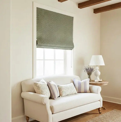 Living room with a white sofa, lamp, and window with a green flat roman shade.