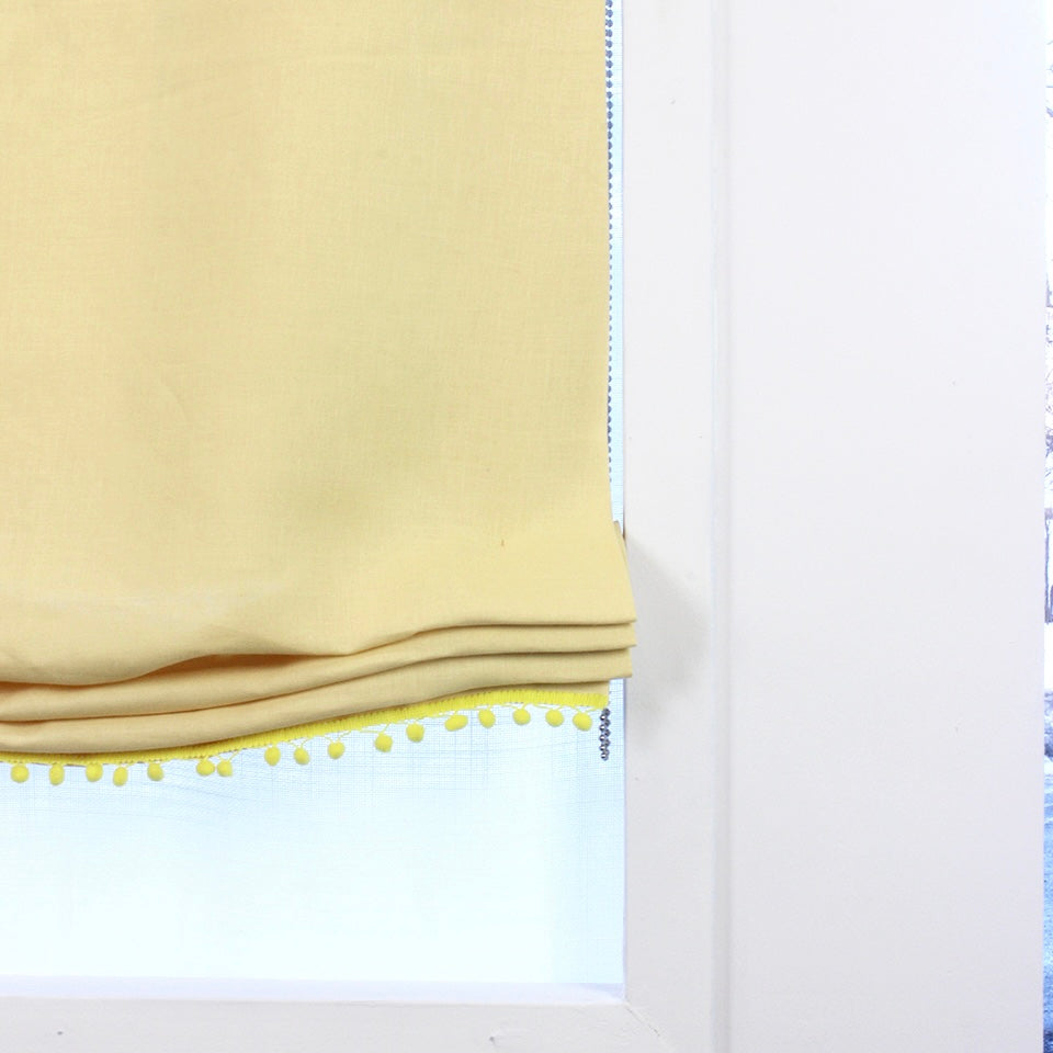 Yellow Linen Relaxed Roman Shade with Yellow Pom Pom, Blackout option/CL1010 - Classic & Modern Home