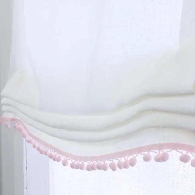 White Linen Relaxed Roman shade with Pink Pom Pom | CL1010