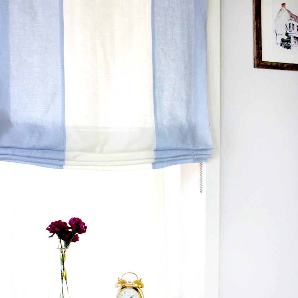 Blue & White Two-Tone Natural Linen Relaxed Roman Shade/CL1010 - Classic & Modern Home