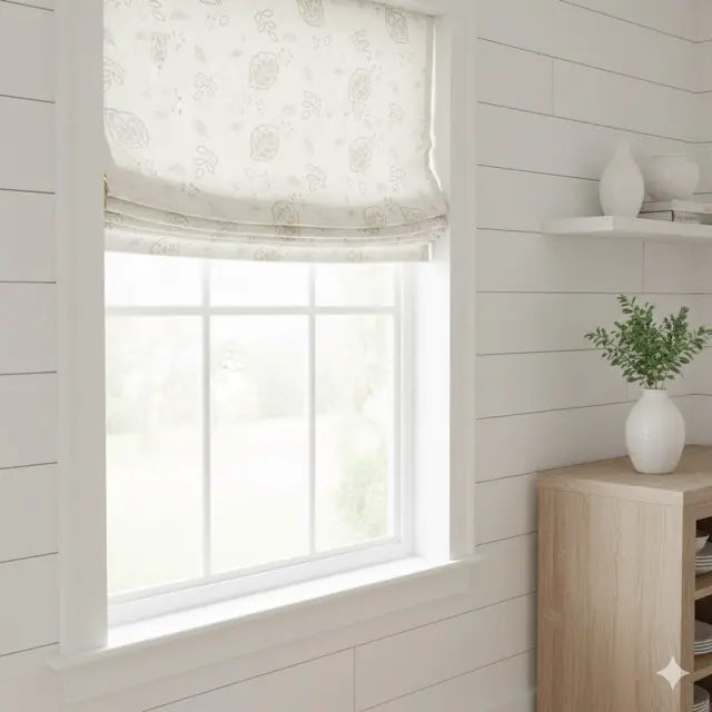 Window with leaf floral sheer linen Roman blind in a room with wooden furniture and a plant.