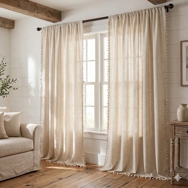 Classic Linen-Blend Rod Pocket Curtain Panels with Tassel Fringe Trim, CD1012