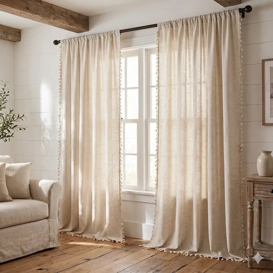 Classic Linen-Blend Rod Pocket Curtain Panels with Tassel Fringe Trim, CD1012