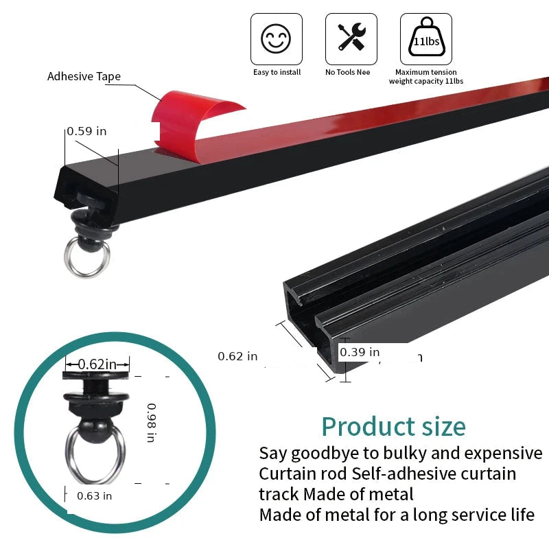Self-adhesive curtain track dimensions in inches - track profile, pulley size and 11 lbs capacity, CH1017