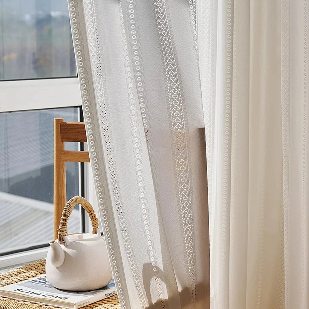 White lace sheer curtain with sunlight casting lace shadows, CD1049