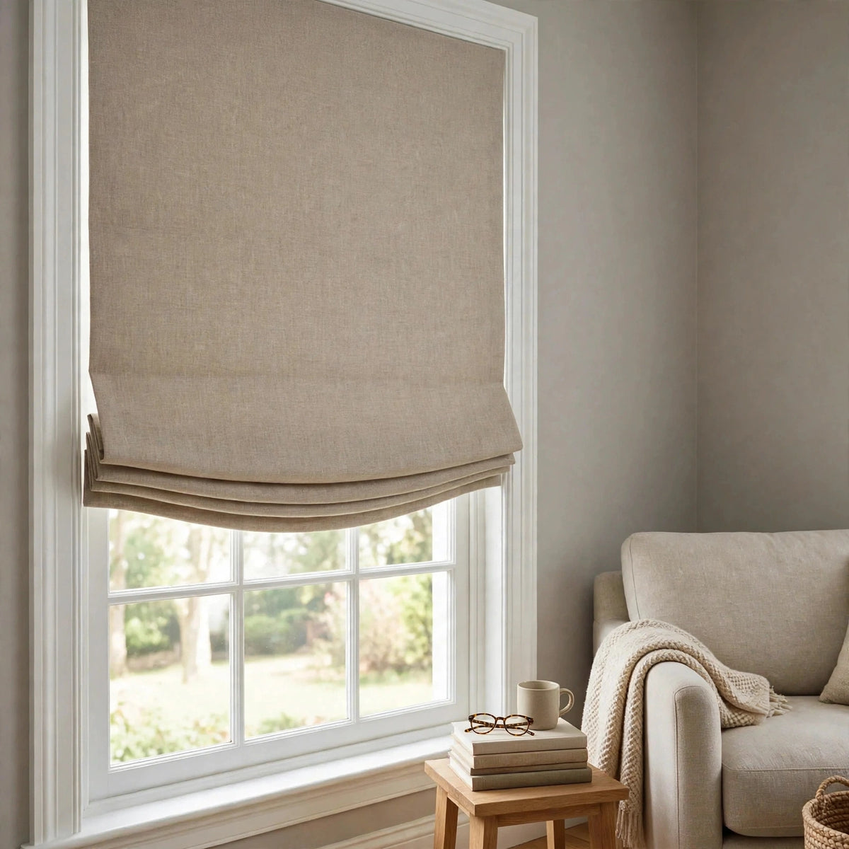 Natural Belgian linen relaxed Roman shade in a cozy reading nook