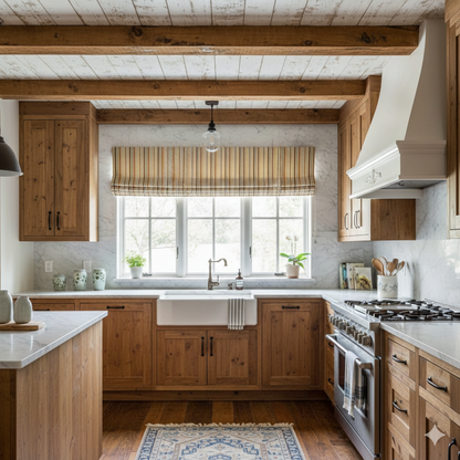 Modern kitchen with wooden cabinets, white countertops, and multi color striped linen flat roman shade.