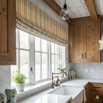 Kitchen with wooden cabinets, a window with striped linen flat roman  shade and a sink.