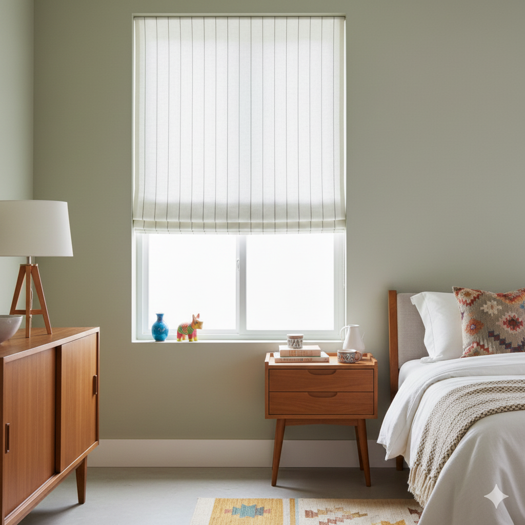 Modern bedroom with flat roman shade, wooden nightstand, lamp, and bed with colorful pillows.