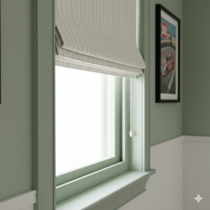 Window with a multi color striped linen roman shade in a room with a green wall and a framed picture.