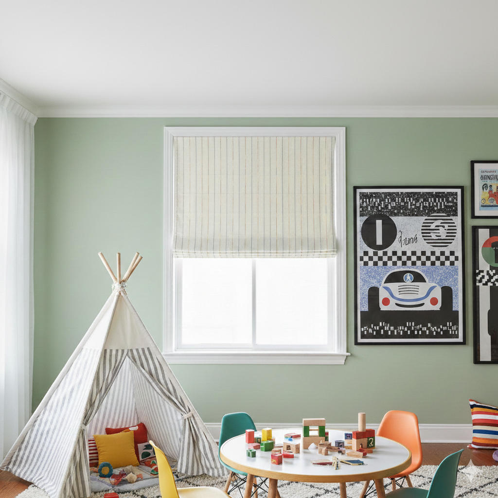 Children's playroom with a multi color linen flat roman shade, a teepee, table, and colorful chairs against a green wall.