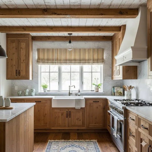 Modern kitchen with a linen roman shade, wooden cabinets, white countertops, and stainless steel appliances.