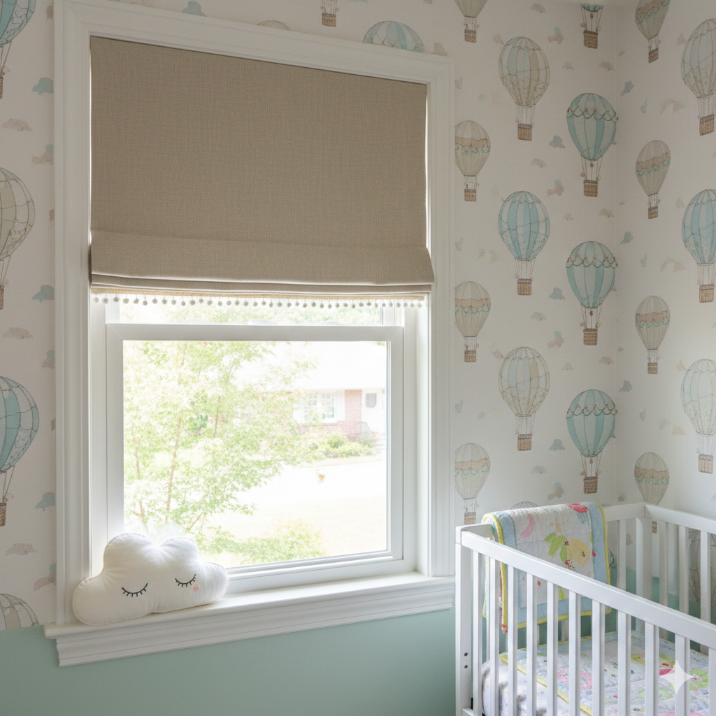Nursery room with natural color blackout linen flat roman shade, crib, window, and hot air balloon-themed wallpaper.