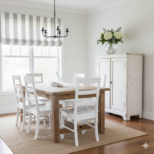Dining room with wooden table and white chairs, white cabinet, and striped window treatment.