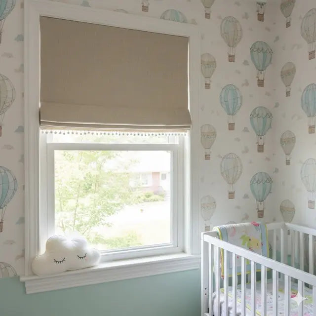 Natural Linen Flat Roman Shade with White Pom Pom, Kid's Baby Nursery Room. Blackout Option, CL1010