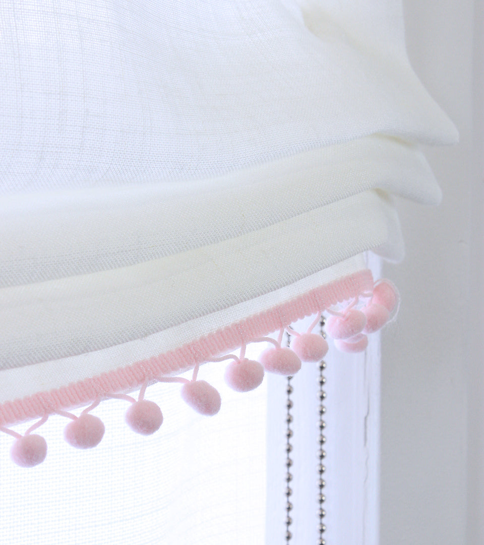 White Linen Relaxed Roman shade with Pink Pom Pom/CL1010 - Classic & Modern Home