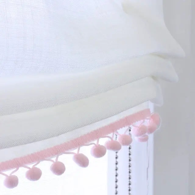 White Linen Relaxed Roman shade with Pink Pom Pom | CL1010
