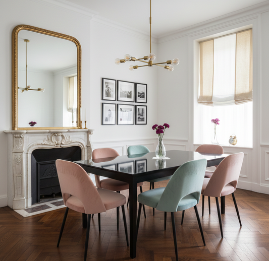 Dining room with parchment white linen relaxed roman shade, a black table and pink and blue chairs, featuring a fireplace and large mirror.