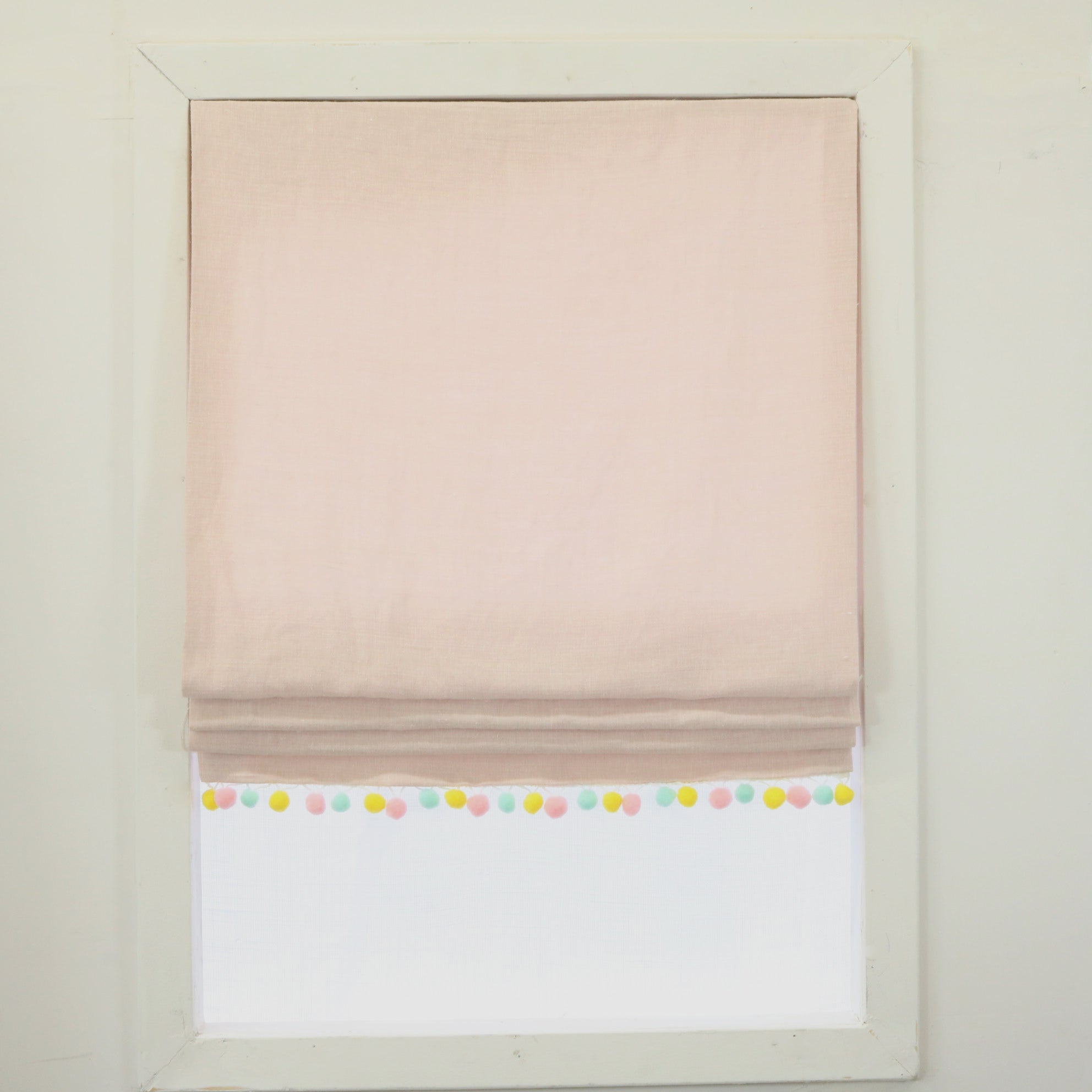 Light Pink Natural Linen Flat Roman Shade with Multi Color Pom Pom, Kid's Baby Nursery Room. Blackout Option/CL1010