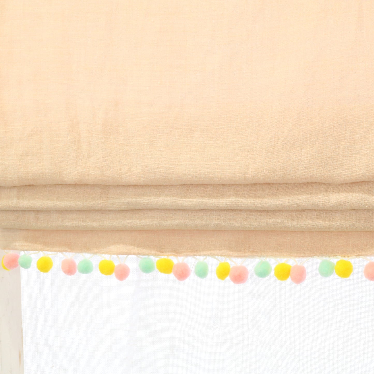 Light Pink Natural Linen Flat Roman Shade with Multi Color Pom Pom, Kid's Baby Nursery Room. Blackout Option, CL1010