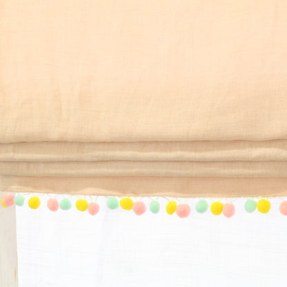 Light Pink Natural Linen Flat Roman Shade with Multi Color Pom Pom, Kid's Baby Nursery Room. Blackout Option, CL1010
