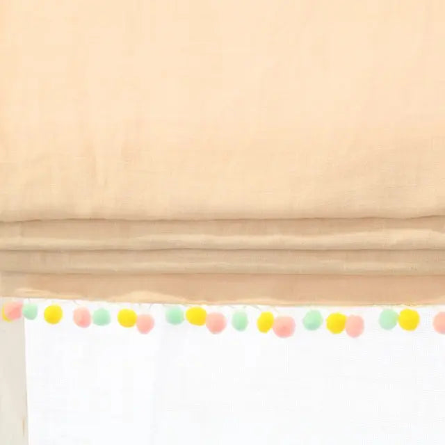 Pink Natural Linen Flat Roman Shade with Multi Color Pom Pom, Kid's Baby Nursery Room. Blackout Option, CL1010