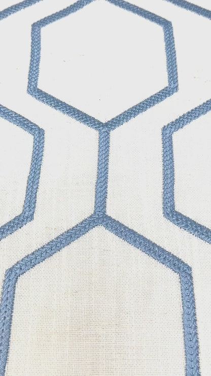 Embroidered Blue Hexagon Geometric Linen-Blend Fabric Flat Roman Shade, CL1144