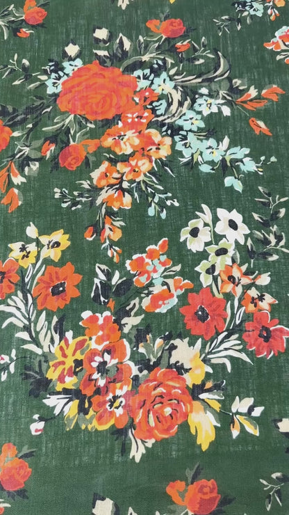Vibrant Painterly Floral Print Linen Fabric By The Yard, 58"Width, CL1167