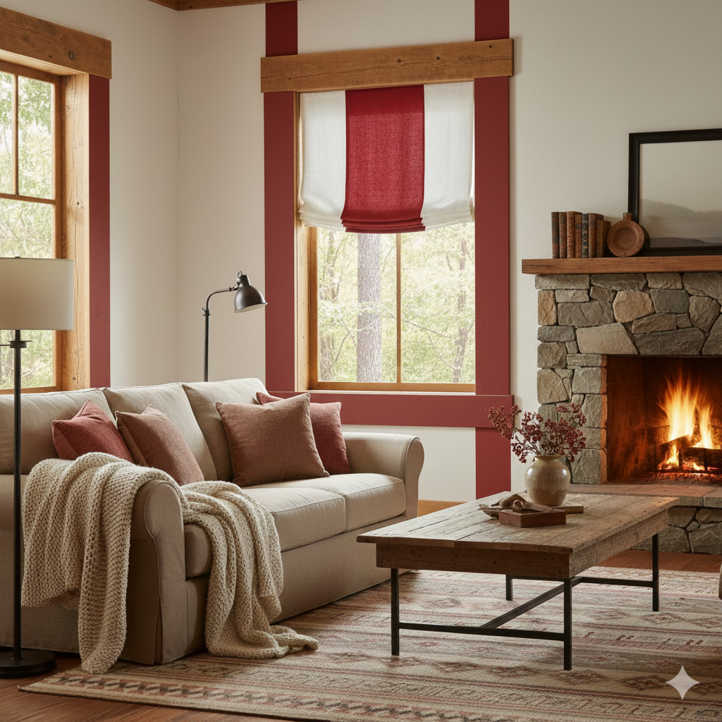 Cozy living room with red and white linen relaxed roman shade, a fireplace, beige sofa, and wooden coffee table.