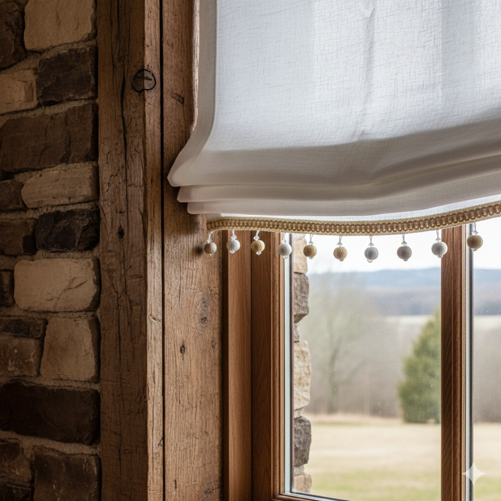 Window with white linen roman shade and stone wall in the background