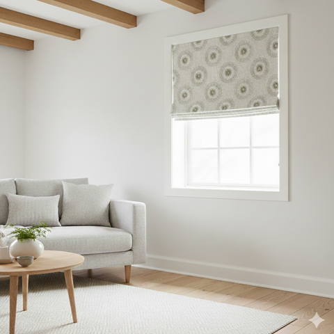 Living room with a gray sofa, wooden coffee table, and floral patterned roman blind.
